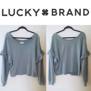 Lucky Brand Ruffle Sleeve Wide Neck Pullover Sweatshirt
